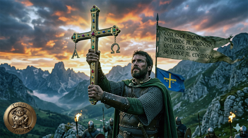 Imagen de Don Pelayo alzando la Cruz dela Victoria