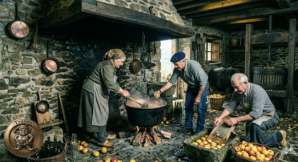 Imagen de casa de aldea Asturiana con un llar y llagar en la misma estancia